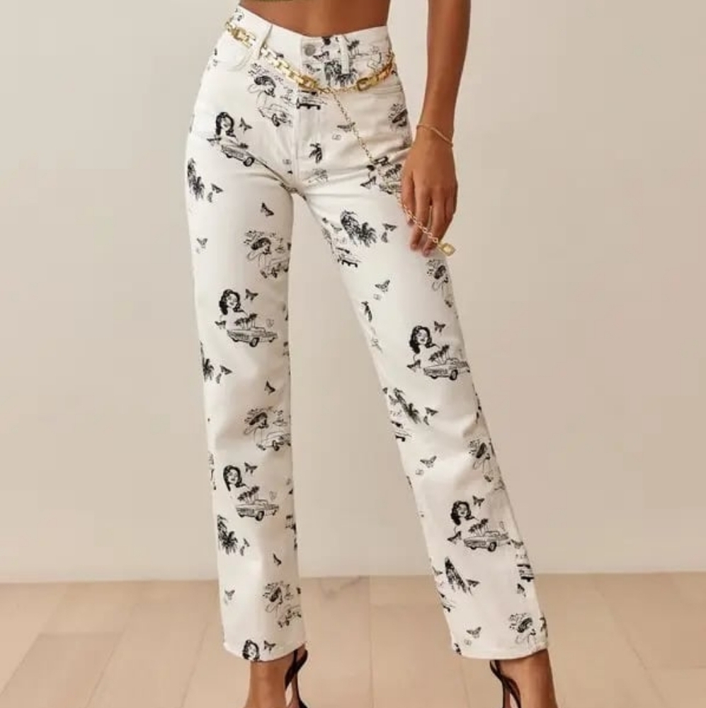 Reformation Joyride High Rise Straight Leg White Pin Up Graphic Print Jeans 23